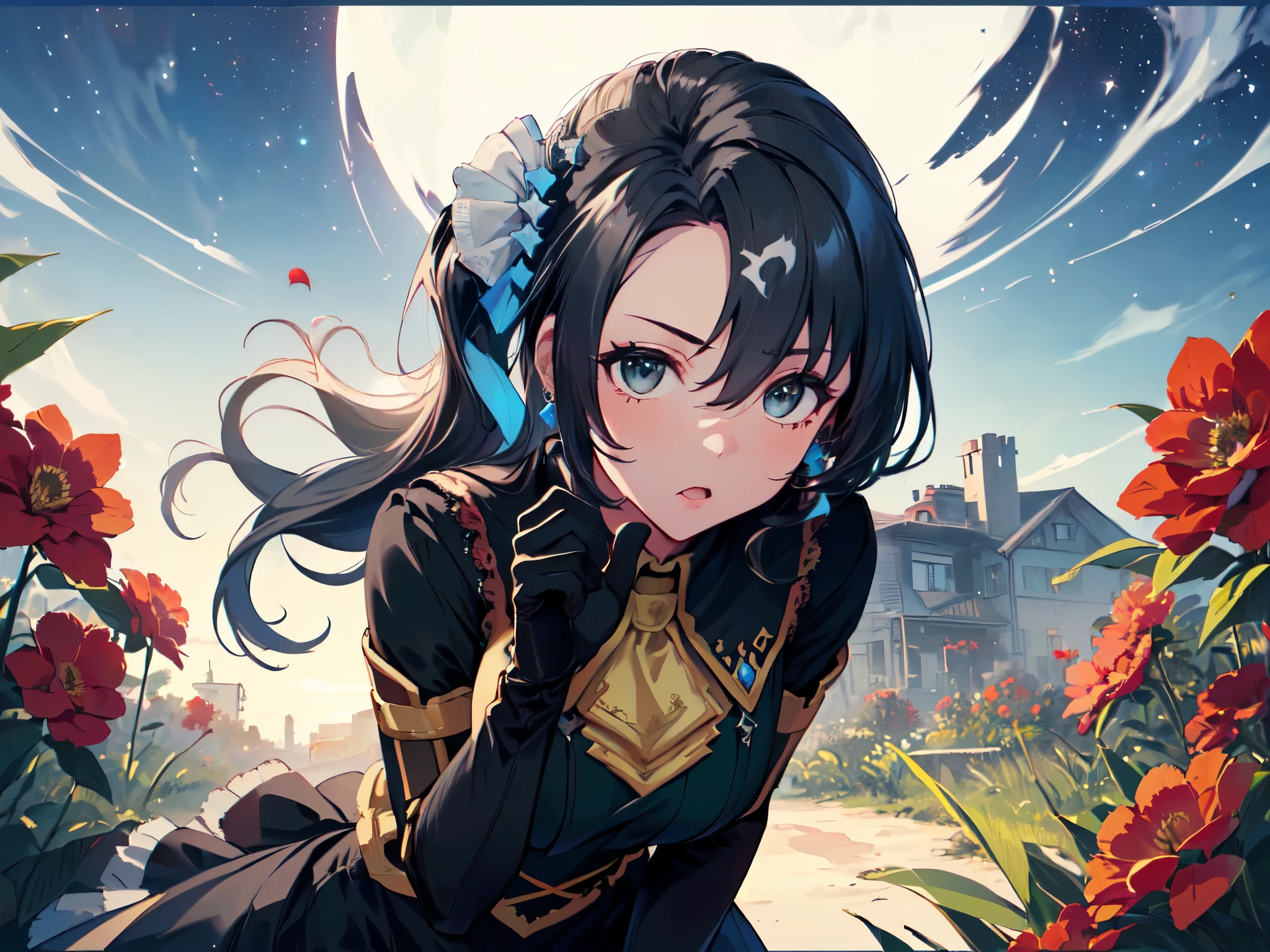 (One small-breasted girl:2), (Leaning forward to accentuate her upper body:2), (Sexy gaze:2), (Long black hair:2), (Hair tied in a large blue ribbon:2), (Ribbon covering chest, flashy dress with high neck and mostly blue collar, black opera gloves:2), (Lots of hair accessories:2), (Teardrop-shaped earrings:2), (Surrounded by lots of red flowers:2), (Sunset sky, sunset, night sky, night breeze), (Side view of bust), (((High resolution, Masterpiece, Accurate, Anatomically correct, Multiple awards, Top quality, Detailed, High quality, Very detailed, Ultra high resolution))).