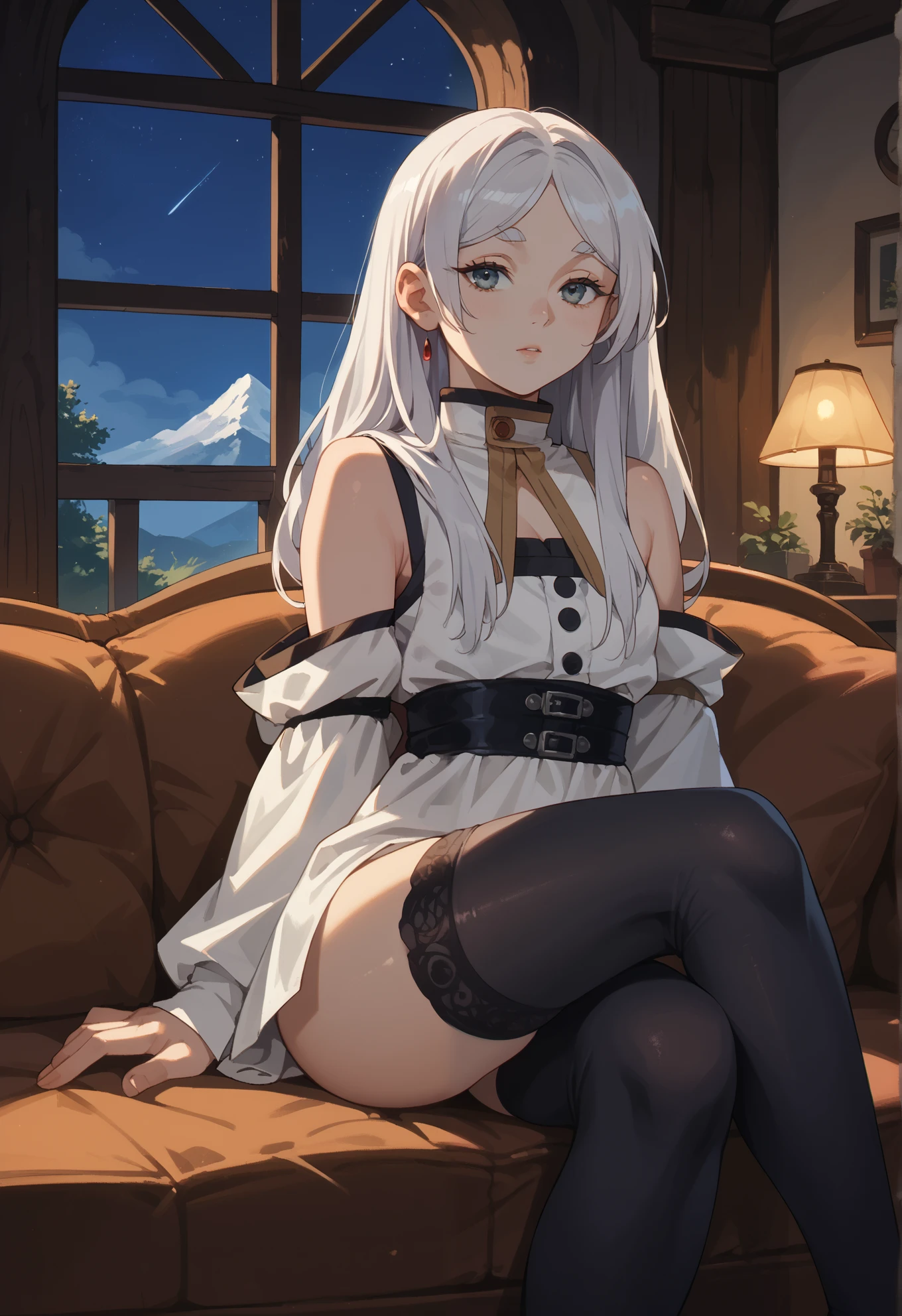 solo, Frieren, white hair, black thigh highs, sexy pose, sitting on a couch, mountain cottage, night time, beautiful lighting,