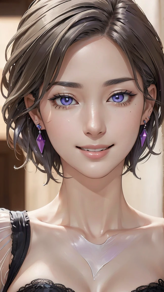 ((((masterpiece, masterpiece, high quality, high resolution))), ultra fine 8K, beautiful girl, (Ultra HD, ultra detailed, high definition, high realism, ultra realistic, photo realistic), (1girl:1.5), (realistic gray hair), (wavy short hair, hair ornament, earrings), (dynamic pose ), looking at camera, ((shy, smiling)), (purple eyes, sharp eyes), (nipped bust:1. 2), (detailed beautiful face, detailed beautiful eyes), ((transparent loose mini nightdress, body silhouette)), (standing), radiant, ((cowboy shot)), seductive cleavage