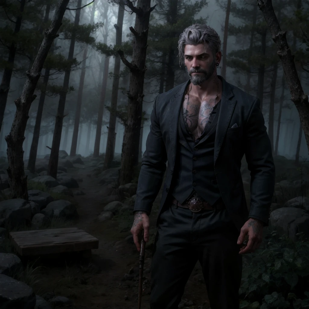 Vittorio Toscano, a mysterious History of Magic professor, stands in a foggy forest at night. His black blazer and red shirt, slightly smudged with dirt, have undone buttons that reveal glowing blue runes on his chest and neck. In one hand, he holds a sleek, weathered magic wand that emanates a faint glow. Gray hair, a groomed beard, a facial tattoo, and an earring enhance his enigmatic presence. Behind him, a weathered cabin emerges through the mist, completing the eerie, magical atmosphere