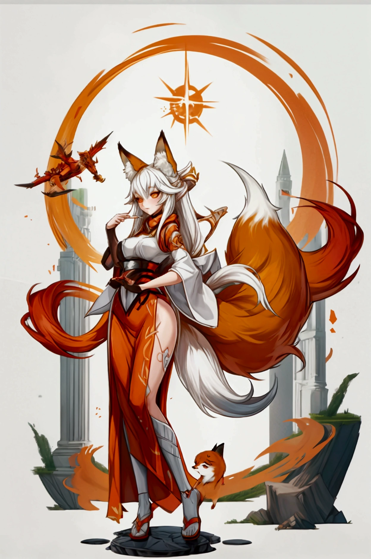 A girl with a body of the fox, white long hair, 2 tails