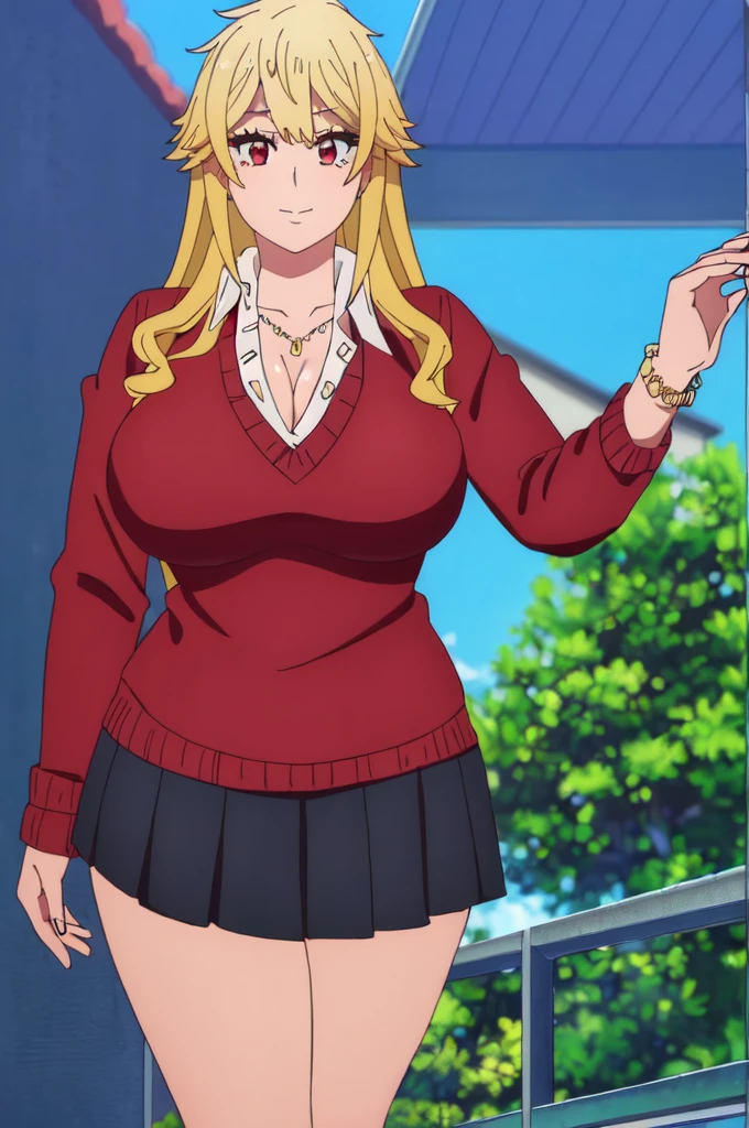 ((best quality)),((highly detailed)),masterpiece,absurdres,detailed face,beautiful face,(detailed eyes, deep eyes),1girl,  Tomo, ((red eyes)), black short skirt , sky, day, cloud, pleated skirt, School rooftop, looking at viewer, open clothes, standing, loose uniform showing cleavage, Gyaru, Big breast, ((full tanned skin)), Glossy lips, a lot of earpiercing, Necklace with heart shape,Bracelet, Half eyes expression, Smirk, feminim,((1girl)),((Solo)),Spouty mouth,Thick lips,colored Long nail,Stylish thick wavy hair,Celeb wavy hair,Tight tights,H cup,Gyaru rings,((Big bouncy breast)),Curvy figure,Half eyes open expression,((((school uniform with long sleeve sweater )))),unbuttoned school uniform,cleavage,Solo,Heart shape emote,Detailed hand,Thick lips,half eyes,Humongous Breast,Dangerous cleavage,Stand out cleavage,Eyelash,((yellow blond colored hair)),Colorless lips,Enchanched breast,Show off cleavage,Body facing front,Gaze on viewer,Stud earring,Needy girlfriend,Needy bitch behaviour,Chocker,Detailed hand,Crossing hand,Swaying hips,((Wavy hair)),puckered lipa expression,1hand crossing arm,white collar,Cleavage,Loose sweater