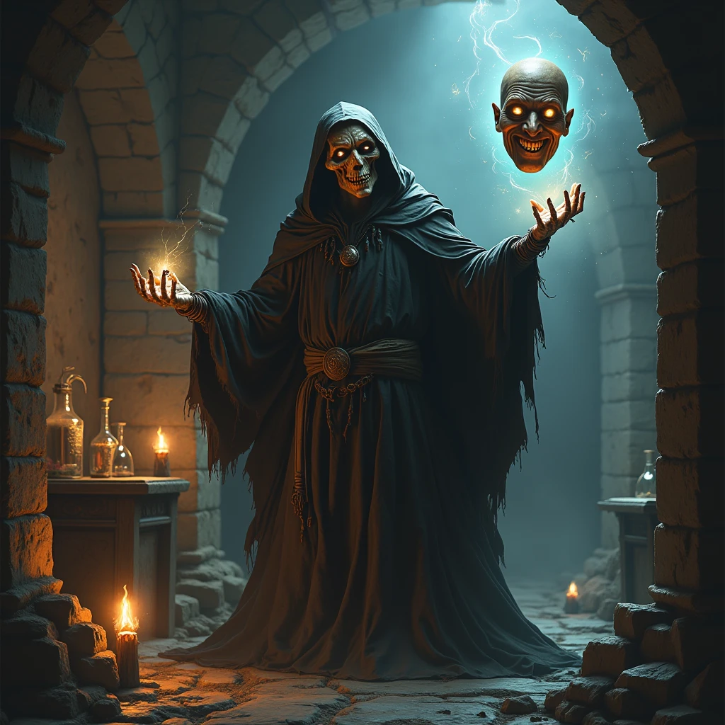 HDR, high resolution, extreme detail, 1undead vendor selling his ancient and powerful artefacts inside a corner of an old dungeon,smiling out of his dark hood,glowing eyes,<lora:DonMD4rkT00nXL:0.8>,DonMD4rkT00nXL,metallic luster,
