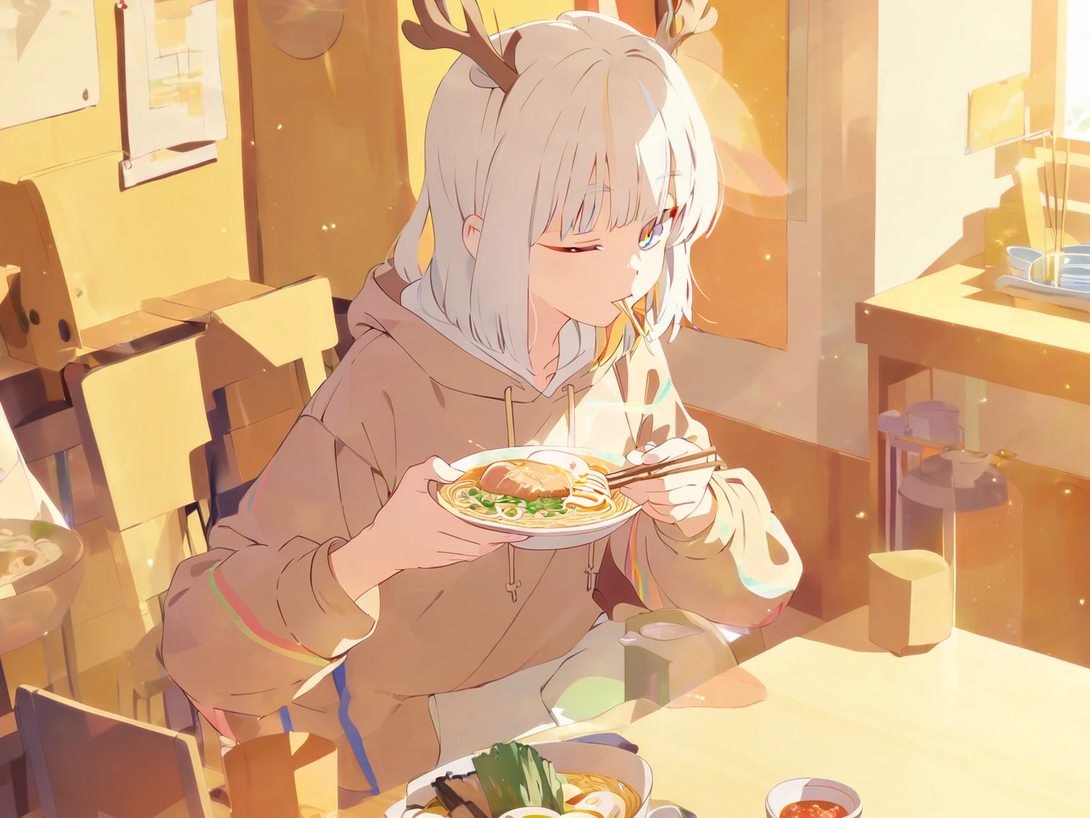 color trace
color trace, 
1boy, white hair, medium length hair, oversized hoodie, shorts, small deer antlers. Eating ramen with chopsticks, solo
Kitchen, sunlight