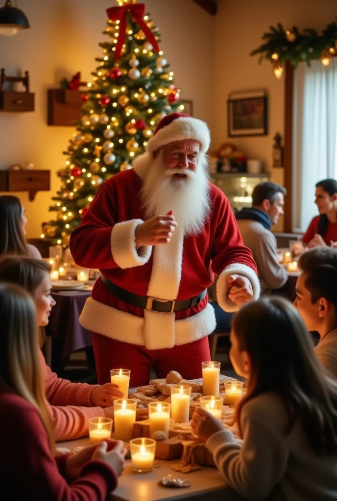 {
  "title": "Santa Claus at a Mexican Inn ",
  "Description": {
    " Setting ": " Santa Claus dancing in a traditional Mexican inn ,  surrounded by ren and adults with candles and singing carols.",
    "style": "Realistic and emotional ,  capturing happiness on the faces of the participants .",
    "lighting": " Warm and festive lighting ,  with Christmas lights and candles .",
    "emotion": " Happiness and generosity ,  with a focus on emotional connection ."
  }
}
