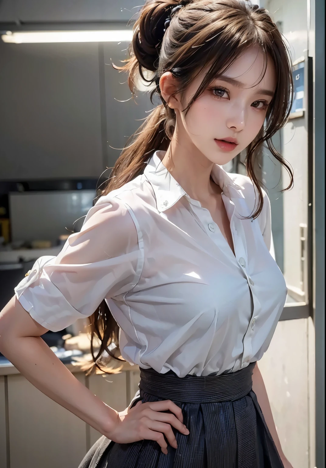 Superior Quality, Masterpiece, Ultra High Resolution, (Photorealistic: 1.4), Raw Photo, Deep Shadows, girl, classroom, sitting at desk, white blouse open, fine clothing, transparent clothing, legs open