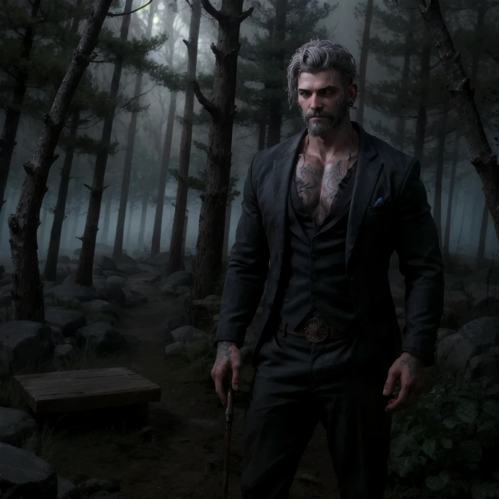 Vittorio Toscano, a mysterious History of Magic professor, stands in a foggy forest at night. His black blazer and red shirt, slightly smudged with dirt, have undone buttons that reveal glowing blue runes on his chest and neck. In one hand, he holds a sleek, weathered magic wand that emanates a faint glow. Gray hair, a groomed beard, a facial tattoo, and an earring enhance his enigmatic presence. Behind him, a weathered cabin emerges through the mist, completing the eerie, magical atmosphere