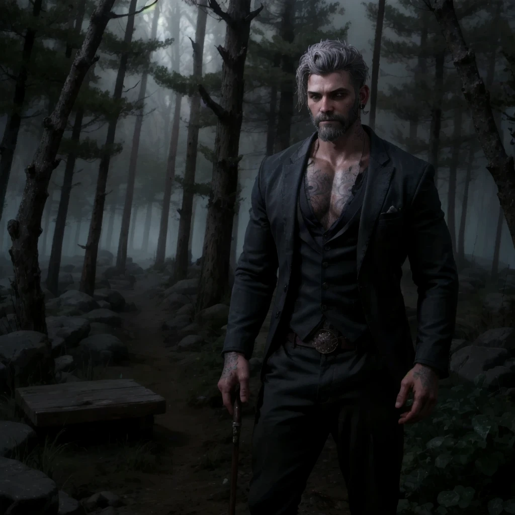 Vittorio Toscano, a mysterious History of Magic professor, stands in a foggy forest at night. His black blazer and red shirt, slightly smudged with dirt, have undone buttons that reveal glowing blue runes on his chest and neck. In one hand, he holds a sleek, weathered magic wand that emanates a faint glow. Gray hair, a groomed beard, a facial tattoo, and an earring enhance his enigmatic presence. Behind him, a weathered cabin emerges through the mist, completing the eerie, magical atmosphere