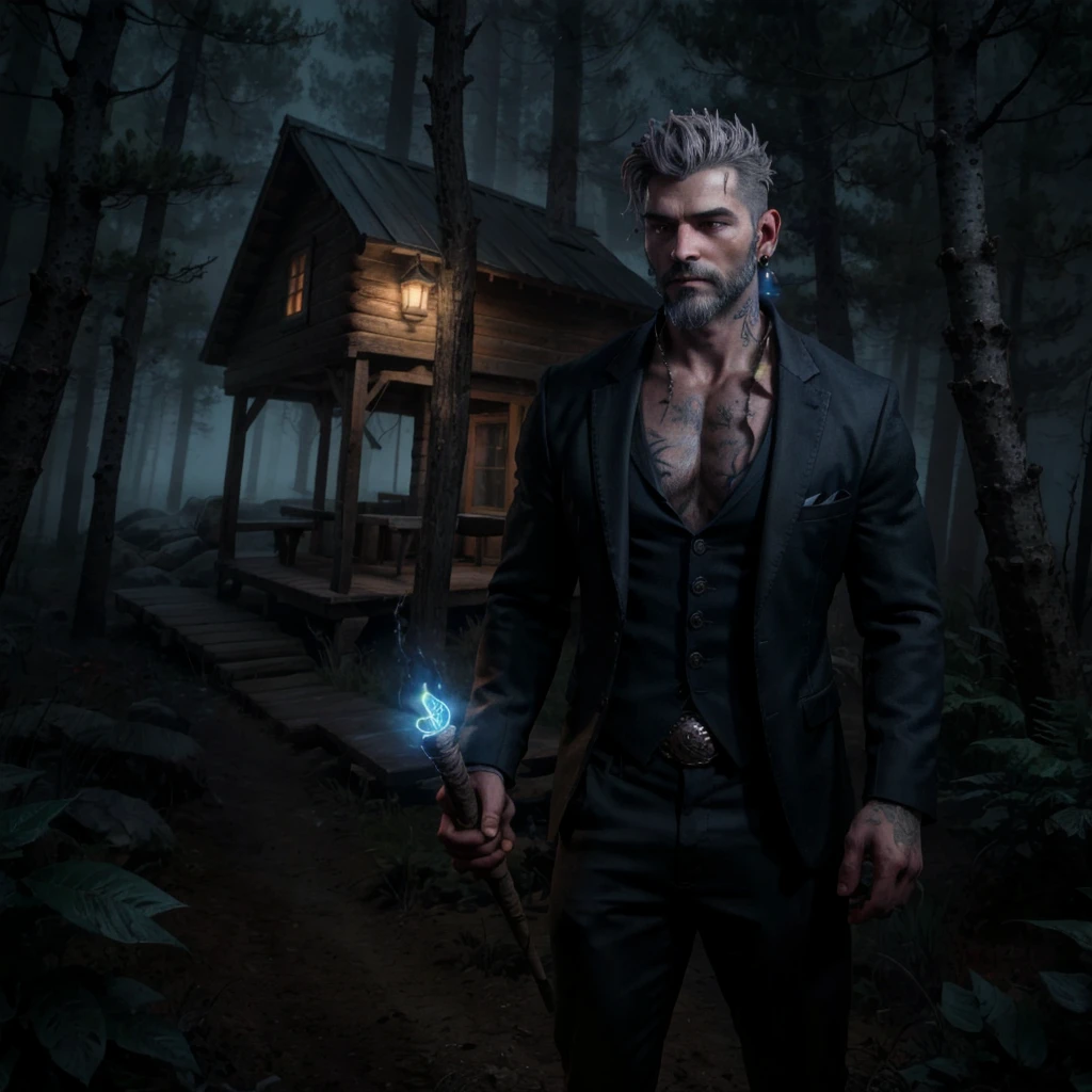 Vittorio Toscano, a mysterious History of Magic professor, stands in a foggy forest at night. His black blazer and red shirt, slightly smudged with dirt, have undone buttons that reveal glowing blue runes on his chest and neck. In one hand, he holds a sleek, weathered magic wand that emanates a faint glow. Gray hair, a groomed beard, a facial tattoo, and an earring enhance his enigmatic presence. Behind him, a weathered cabin emerges through the mist, completing the eerie, magical atmosphere