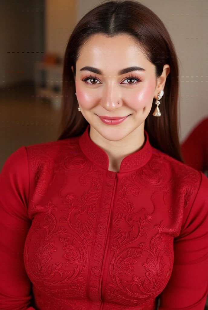 hania amir as Bride Muslim , 20 years old , cute face , big eyes , big eyeball , pretty face , 
Pretty face , half pose , hot body , big hugs breasts , white skin , red dress , 