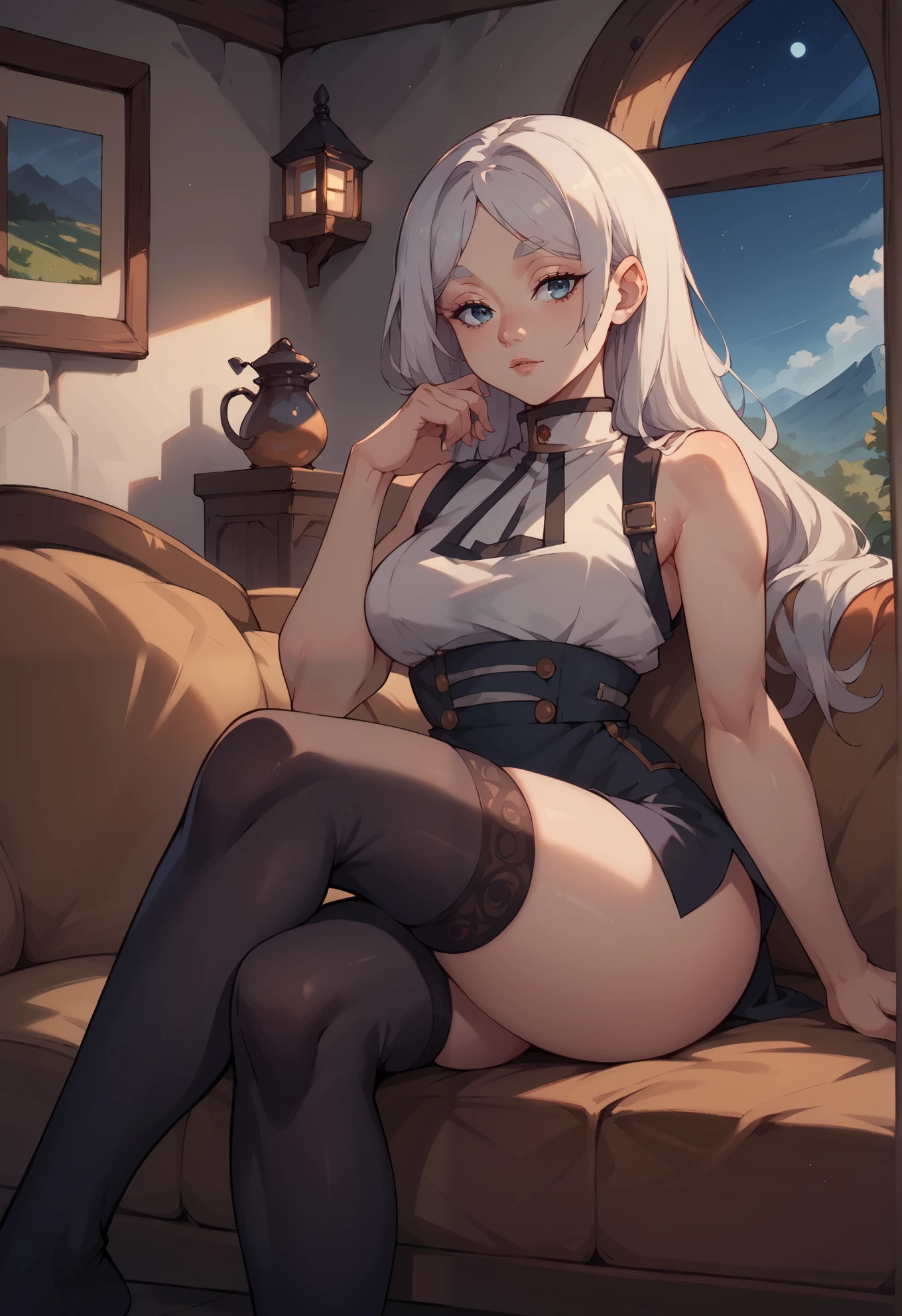 solo, Frieren, white hair, black thigh highs, sexy pose, sitting on a couch, mountain cottage, night time, beautiful lighting,