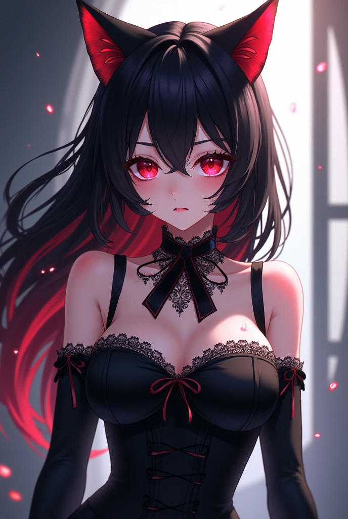 (ultra-detailed, best quality, portraits:1.2), Boosette, vibrant colors, detailed face and body, seductive expression, black lace lingerie, flowing dark hair, sultry pose, glowing eyes, soft lighting