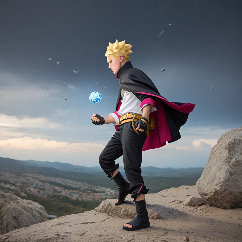 Boruto, 1boy, solo, fight pose, yellow hair, blue eyes, two black lines on the cheek, black cloak, black pants, gloves, rocks background, cowboy shot, one eyes closed,Textured Skin, glowing blue ball in left hand, rasengan, realistic, wind effect