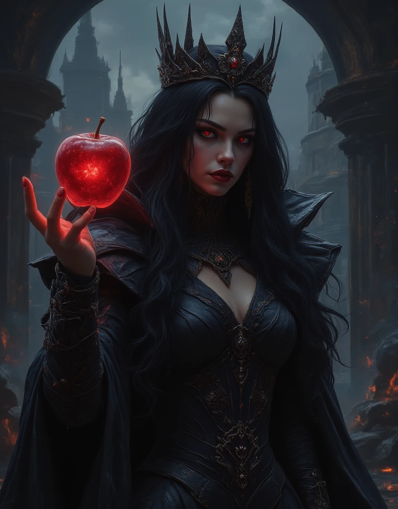 ((RAW Photo), absurd, (absurdresolution)), masterpiece, best quality, (Extremely detailed 8k unity CG wallpaper), (best illustration), (best shadow), Realistic lighting, beautiful detailed glow, ((21 years old)), vicious menacing girl, long black hair, black queen, accessories, trasnparent red apple in hand, glowing poisoned transparent apples, witch queen, red lipstick, (((Photographic Perspective of her)))