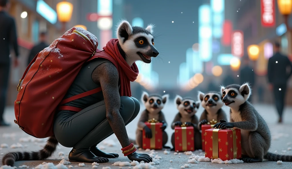 ((wide shot)), full body, a joyful, curvaceous feminine lemur in a form fitting female exosuit crouches center frame, not looking at the camera, laughing happily, gazing down at several very excited baby lemurs who look at her in awe and wonder, handing them brightly wrapped gifts from a large reflective sack. The baby lemurs rejoice, laughing, jumping with joy, with exaggerated human-like gestures of joy and happiness as they receive their gifts. It is snowing lightly, powder on the ground and surroundings, the animals' footprints in the snow. The setting is a futuristic dystopian city, night life, neon, blurred background, ultra high resolution, photorealistic rendering, rich texture mapping, extreme focus, epic photo, grainy, 70mm film, hyper detail, blur background, sharp subject focus, portrait, high contrast, deep textures, the cinematography is reminiscent of Roger Deakins and Emmanuel Lubezki, aesthetic, concept art, ultrafine detail, breathtaking, 8k resolution, crafted with the power of Unreal Engine 5.