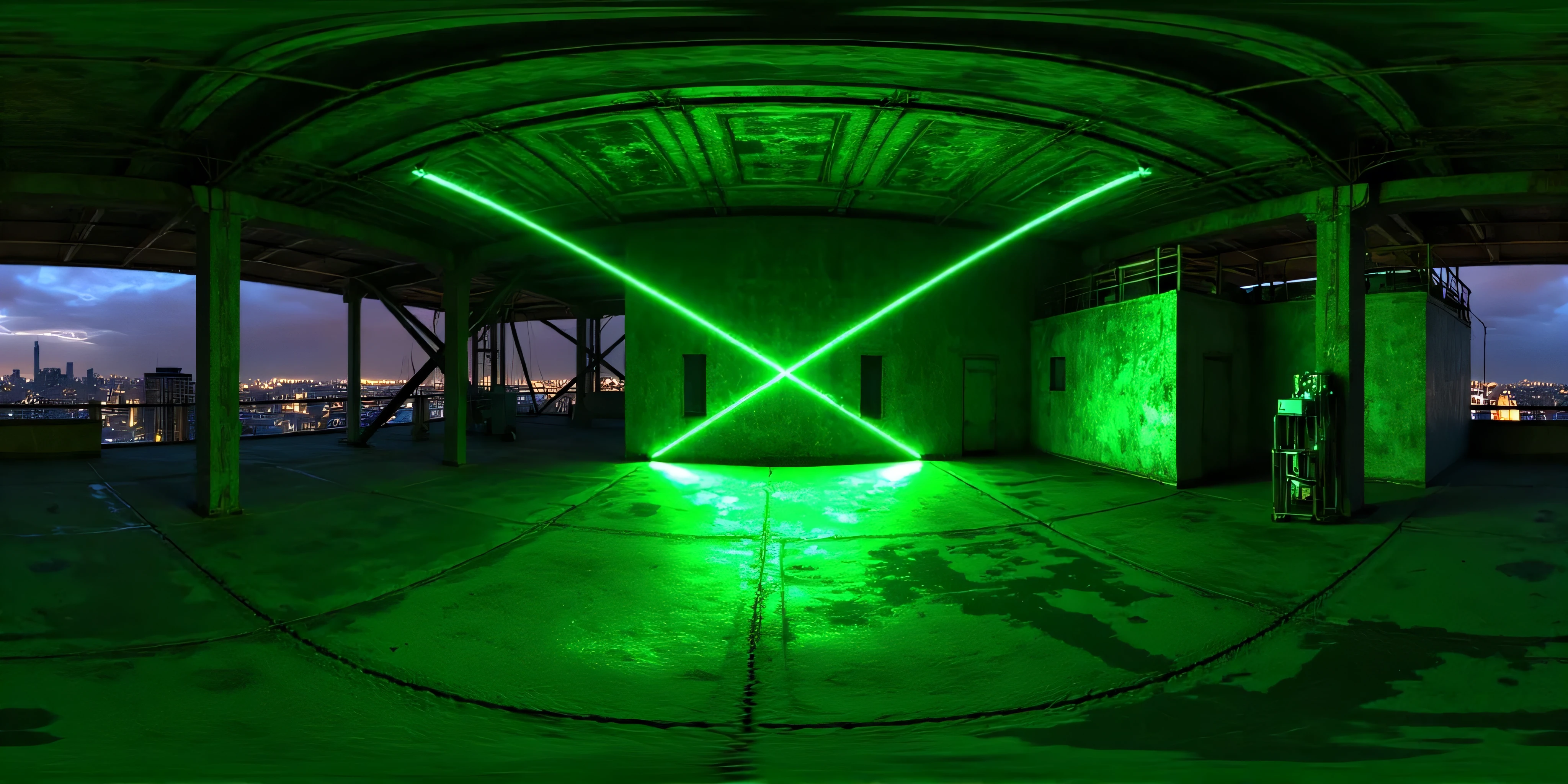  360HDR, 360 degrees, vr,  A perfect panoramic view of a future ,  seamless, perfect spherical vision rooftop industrial warehouse illuminated by crossed green laser beams .  The lasers intersect in a precise geometric pattern ,  casting an ominous green light across space .  The industrial terrace environment features exposed beams , concrete walls,  and high ceiling ,  uncovered area ,  view of the city at night creating a vast , Open environment .  The atmosphere seems like a high-tech nightclub installation or a immersive art exhibition,  with rays reflecting on metallic surfaces and faint ,  hazy air adding depth to the light effects .

