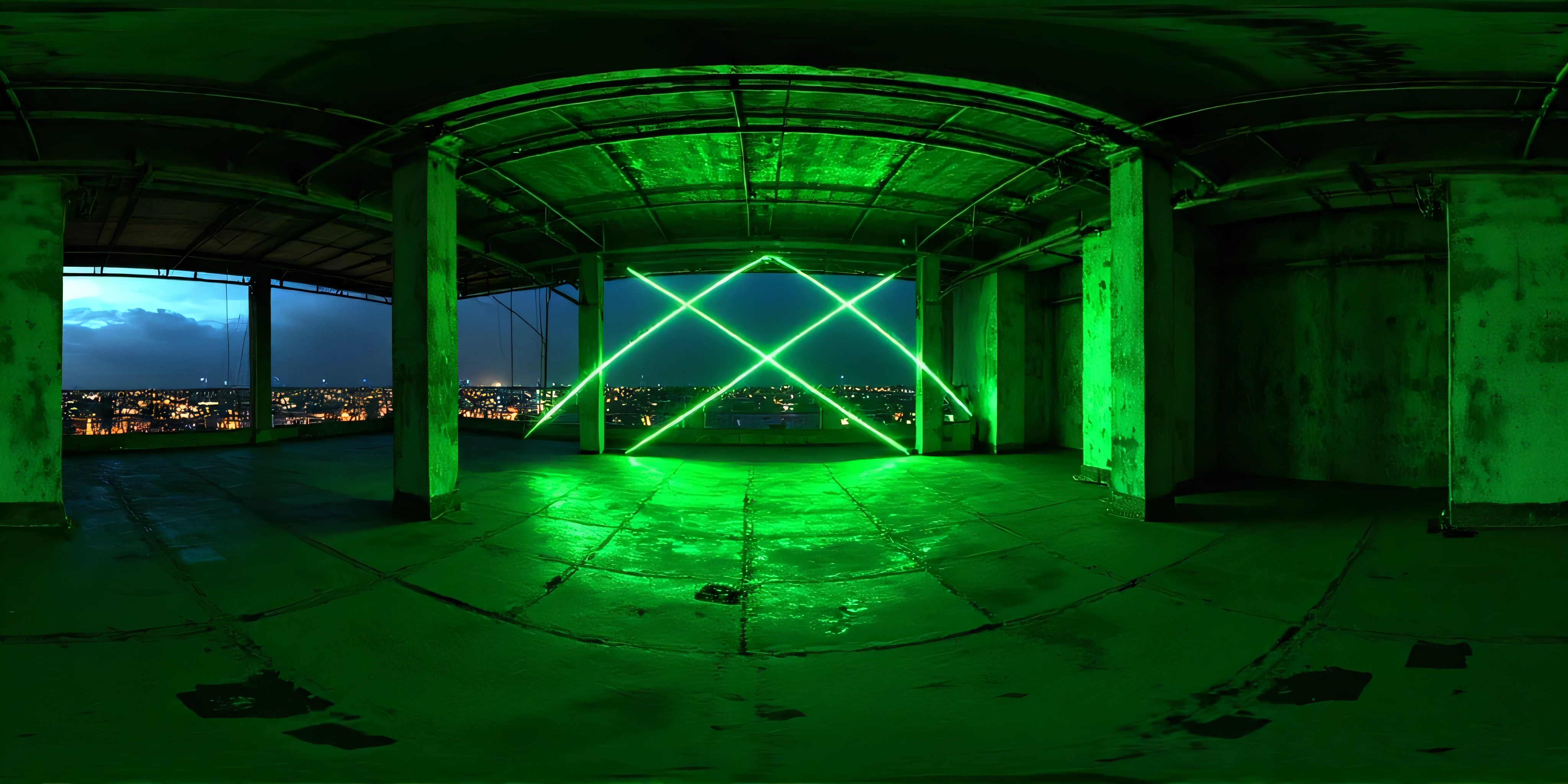  360HDR, 360 degrees, vr,  A perfect panoramic view of a future ,  seamless, perfect spherical vision rooftop industrial warehouse illuminated by crossed green laser beams .  The lasers intersect in a precise geometric pattern ,  casting an ominous green light across space .  The industrial terrace environment features exposed beams , concrete walls,  and high ceiling ,  uncovered area ,  view of the city at night creating a vast , Open environment .  The atmosphere seems like a high-tech nightclub installation or a immersive art exhibition,  with rays reflecting on metallic surfaces and faint ,  hazy air adding depth to the light effects .

