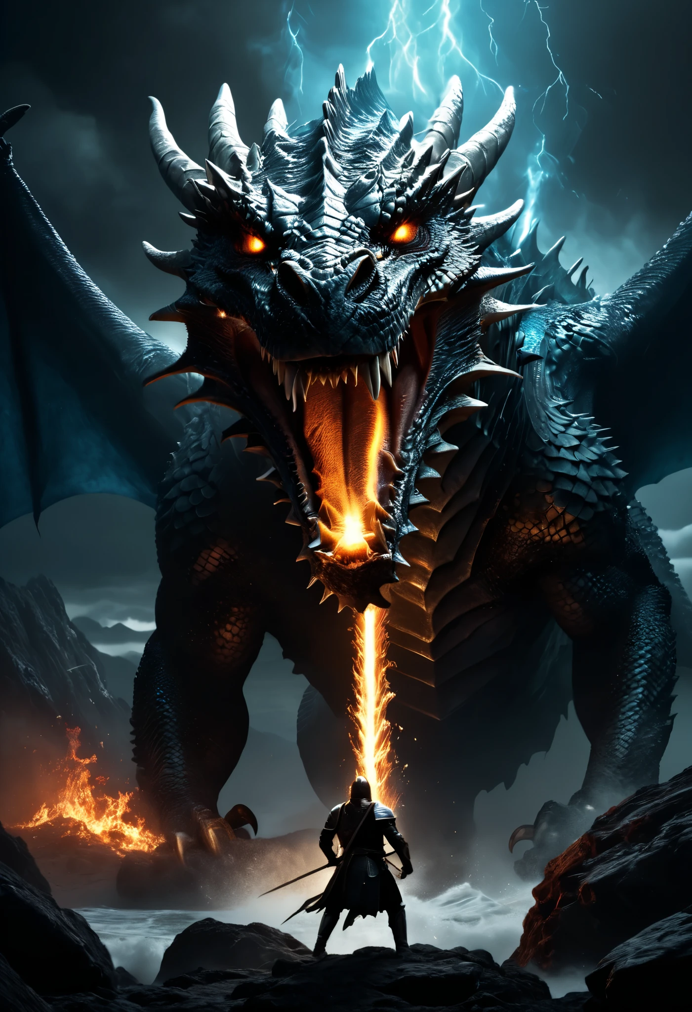 Unfazed dragon,  Knight in Shining Armor ,  Confronting fearful dragons ,  The knight jumps into the dragon ,  Dragon opens its mouth ,  Dragons have teeth ,   the dragon's face is close to the viewer, The dragon's body is on fire , from dragon mouth, epic battle, flaming sword, sword, Dark fantasy,  detailed armor , ,  scale, Dramatic lighting,  The light only slightly illuminates the surroundings ,  The atmosphere is full of tension 、 The ocean hits rocks violently ,  The giant size of that creature overwhelms lonely humans does,  One person in ancient times ,  Beasts from Another World  ,  The color palette is dark ,  Deep Black and Gray ,  High Contrast, ral-ertmsphr,White light,Blue light, 