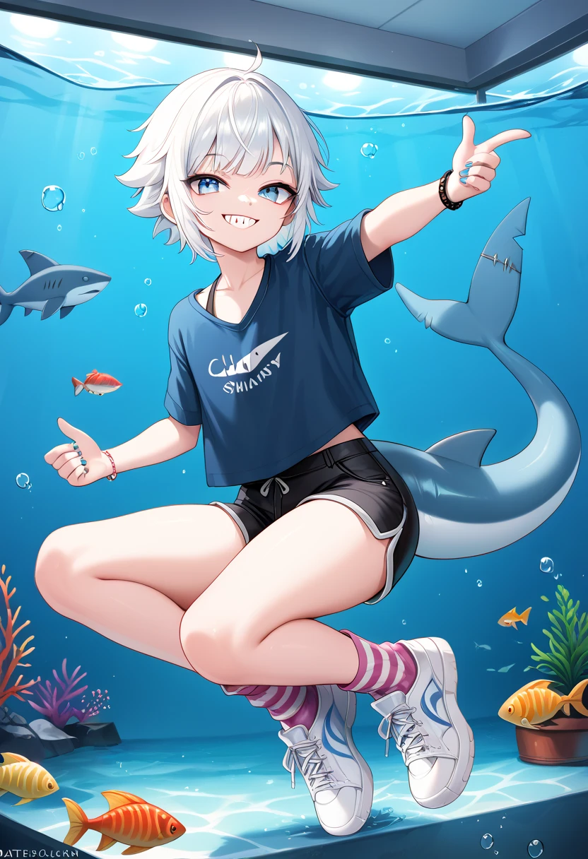 (((femboy))), blue shark tail, legs, cute clothes with sea stuff, long messy white hair, shark features, aquarium scenery, blue sweatshirt, black shorts, water detail on the sneakers, socks, sharp teeth, smile, opening arms excitedly, loose shirt, loose sweatshirt hitting the waist