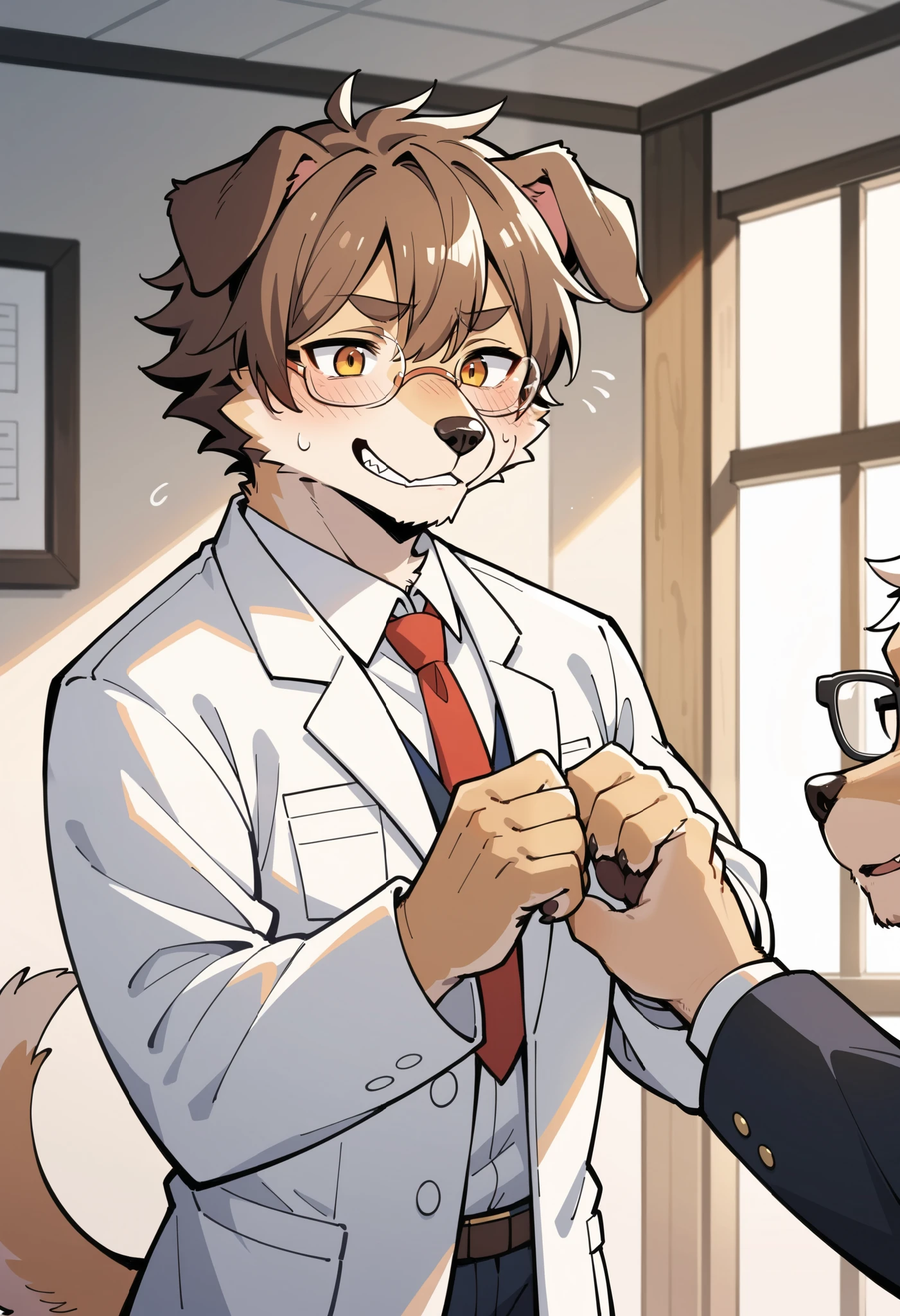 Kemoshota doctor checks his student, dynamic angle, tongue check, heavy breath, doctor check, school infirmary, 