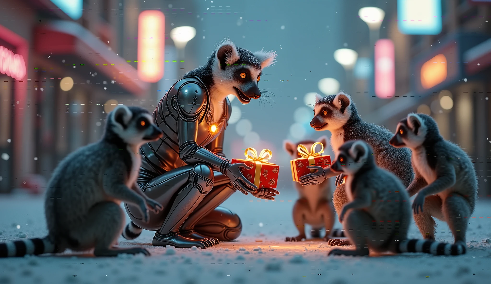 ((wide shot)), full body, a joyful, curvaceous feminine lemur in a form fitting female exosuit crouches center frame, not looking at the camera, laughing happily, gazing down at several very excited baby lemurs who look at her in awe and wonder, handing them brightly wrapped gifts from a large reflective sack. The baby lemurs rejoice, laughing, jumping with joy, with exaggerated human-like gestures of joy and happiness as they receive their gifts. It is snowing lightly, powder on the ground and surroundings, the animals' footprints in the snow. The setting is a futuristic dystopian city, night life, neon, blurred background, ultra high resolution, photorealistic rendering, rich texture mapping, extreme focus, epic photo, grainy, 70mm film, hyper detail, blur background, sharp subject focus, portrait, high contrast, deep textures, the cinematography is reminiscent of Roger Deakins and Emmanuel Lubezki, aesthetic, concept art, ultrafine detail, breathtaking, 8k resolution, crafted with the power of Unreal Engine 5.