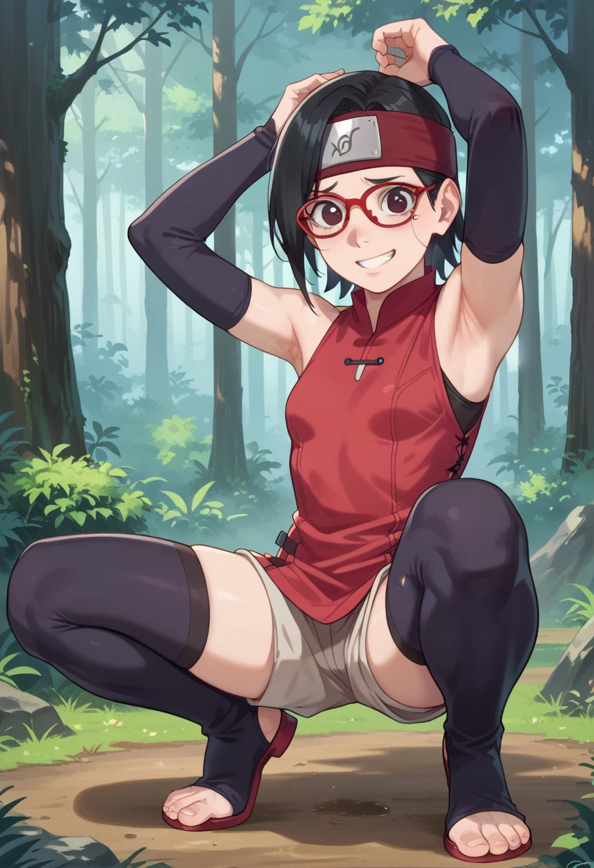  1 girl, nsfw,hughres, , short hair,  red frame glasses  , dark eyes, black hair ,  worried expression ,smile，small breasts, headband, red sleeveless dress, detached sleeves, shorts, thighhighs, toeless shoes ,forest,Armpit,Armpit wrinkles,Armpit smell,Armpit juice, arms up,stretch,pubic hair, underhair,squat down,, Embarrassing