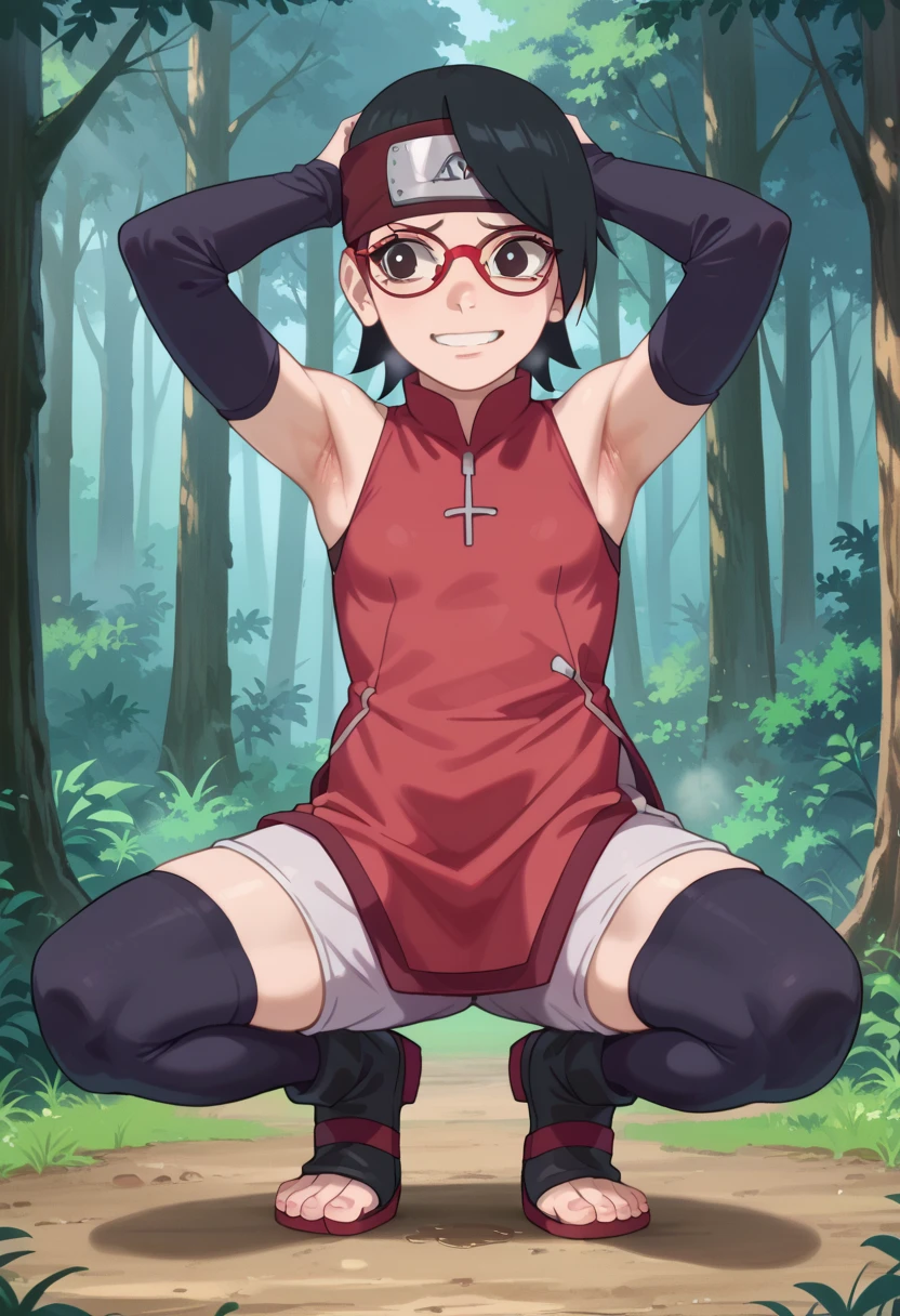  1 girl, nsfw,hughres, , short hair,  red frame glasses  , dark eyes, black hair ,  worried expression ,smile，small breasts, headband, red sleeveless dress, detached sleeves, shorts, thighhighs, toeless shoes ,forest,Armpit,Armpit wrinkles,Armpit smell,Armpit juice, arms up,stretch,pubic hair, underhair,squat down, Embarrassing,streaming Armpit