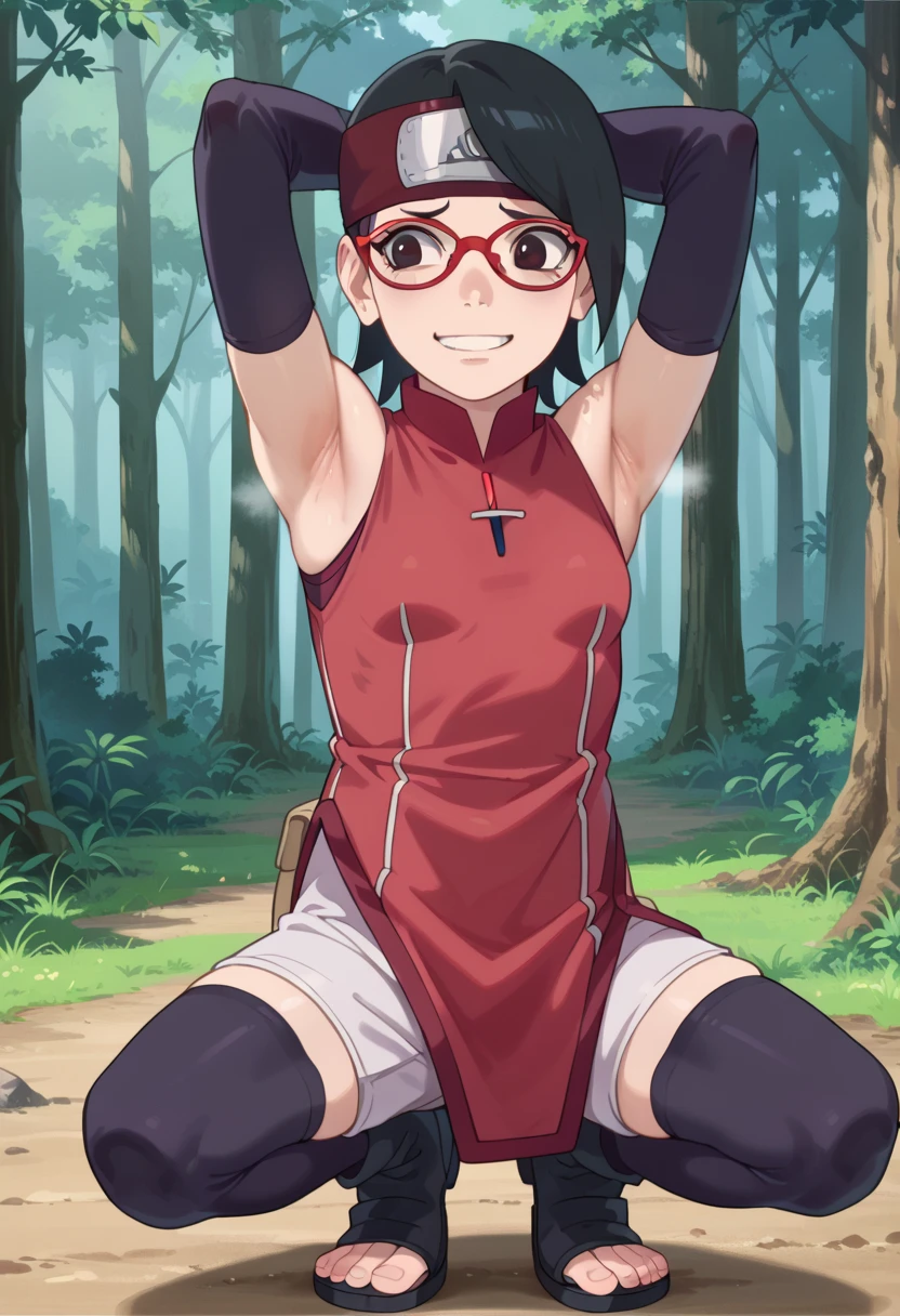  1 girl, nsfw,hughres, , short hair,  red frame glasses  , dark eyes, black hair ,  worried expression ,smile，small breasts, headband, red sleeveless dress, detached sleeves, shorts, thighhighs, toeless shoes ,forest,Armpit,Armpit wrinkles,Armpit smell,Armpit juice, arms up,stretch,pubic hair, underhair,squat down, Embarrassing,streaming Armpit