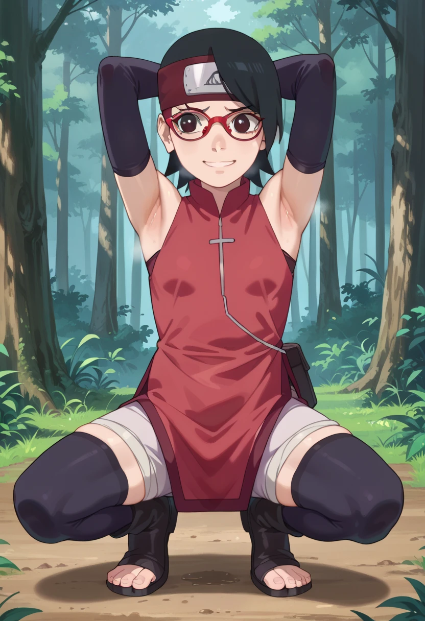  1 girl, nsfw,hughres, , short hair,  red frame glasses  , dark eyes, black hair ,  worried expression ,smile，small breasts, headband, red sleeveless dress, detached sleeves, shorts, thighhighs, toeless shoes ,forest,Armpit,Armpit wrinkles,Armpit smell,Armpit juice, arms up,stretch,pubic hair, underhair,squat down, Embarrassing,streaming Armpit