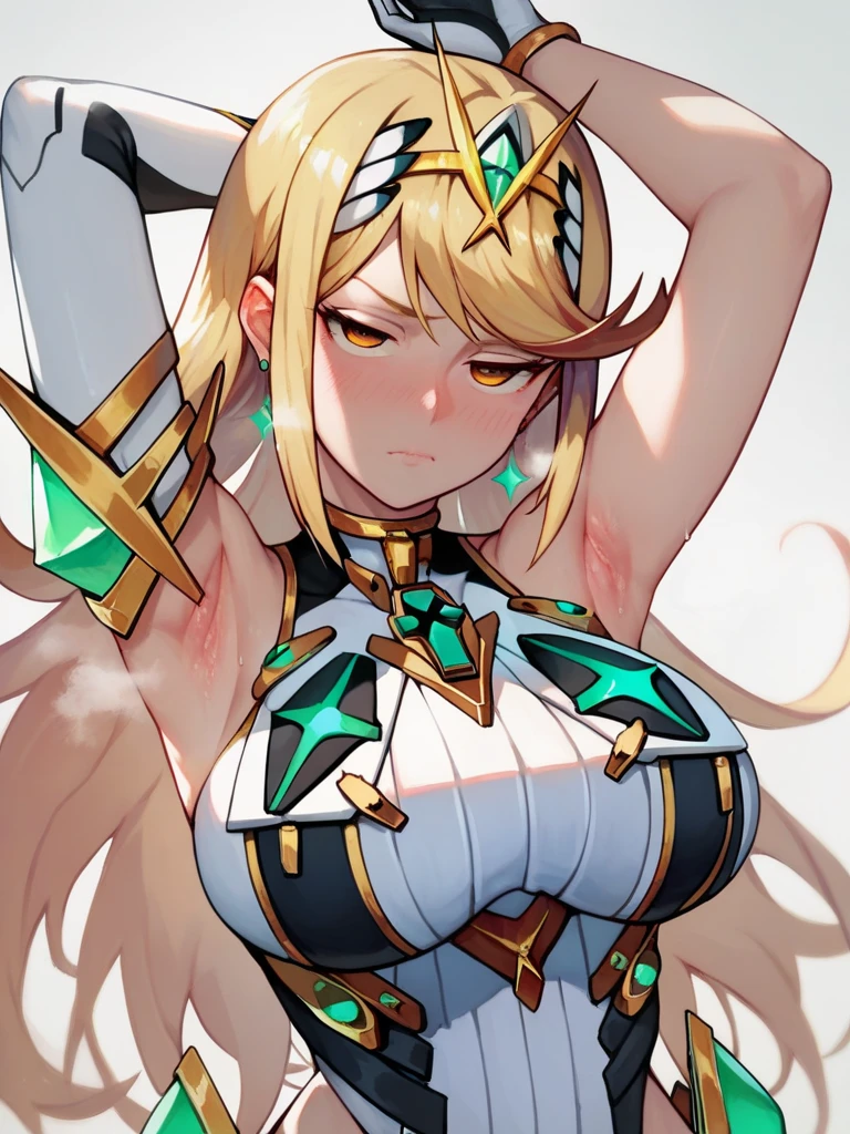 score_9, score_8_up, score_7_up, score_6_up, score_5_up, score_4_up,(Mythra),Big Breasts,  (Hollow Eyes), (half open eyes), (Closed Mouth),blush,(Exposing her breasts:0.5),(Raise your left hand to show your armpits),(steamy),Boobs close up