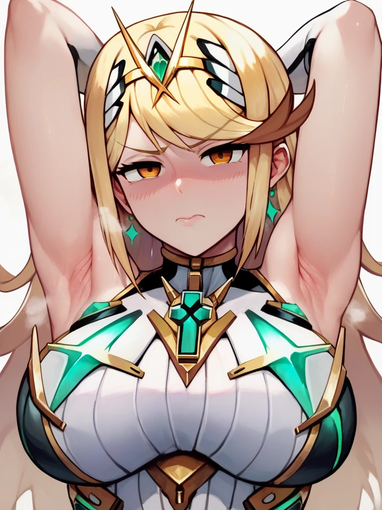 score_9, score_8_up, score_7_up, score_6_up, score_5_up, score_4_up,(Mythra),Big Breasts,  (Hollow Eyes), (half open eyes), (Closed Mouth),blush,(Exposing her breasts:0.5),(Raise your left hand to show your armpits),(steamy),Boobs close up