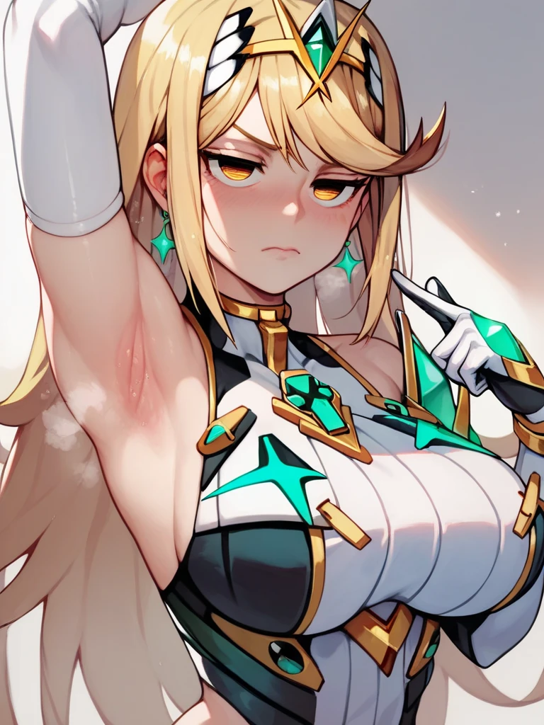 score_9, score_8_up, score_7_up, score_6_up, score_5_up, score_4_up,(Mythra),Big Breasts,  (Hollow Eyes), (half open eyes), (Closed Mouth),blush,(Exposing her breasts:0.5),(Raise your left hand to show your armpits),(steamy),Boobs close up