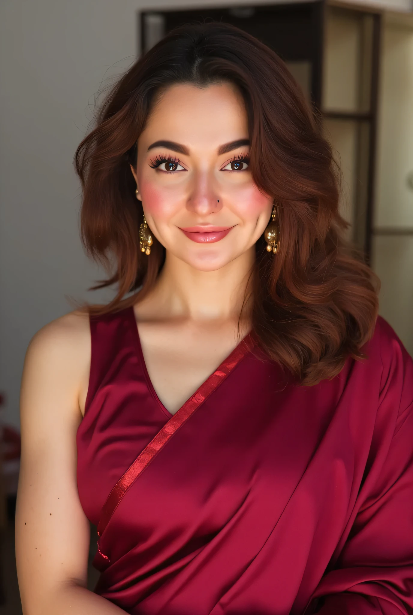 hania amir in satin maroon saree , 20 years old , waist high saree, white navel, mini blouse, cute face , big eyes , big eyeball , pretty face , 
Pretty face , half pose , hot body , big hugs breasts , white skin , red dress , 