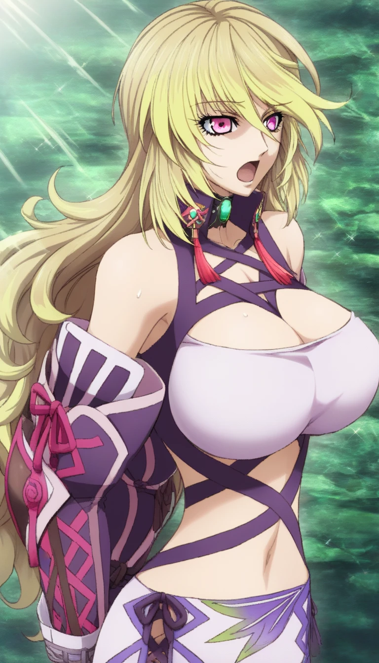 masterpiece,top-quality,source_anime,best quality, clear face,Milla Maxwell,tales of Xillia,1girl,solo,blonde hair, long hair,pink eyes,very large breasts,perfect body,beauty,very huge breasts,narrow waist,bust size is 200cm over,sexy,soaked,seductive anime girl, oppai,biomechanical oppai,oppai proportions,Both hands are tied behind their backs and restrained,put both hands behind her back,shiny breasts,well-shaped breasts,Moaning,Sensual,Breasts I want to squeeze