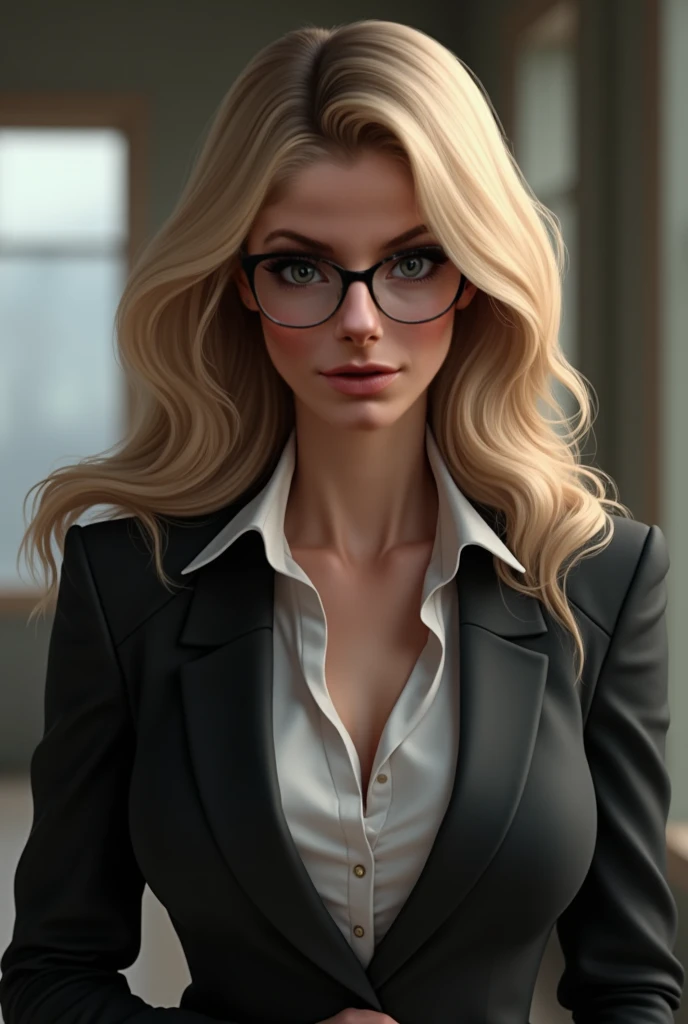 there is a woman with blue eyes, blonde and with glasses and with big breasts, wearing a brown shirt in a room, Gordon Freeman as a woman, PS 2 screenshot, supermodel on silent hill, Vampire The Masquerade, Sil of species, from the middle of life, high quality screenshot, from the middle of life 2, horror video game for playstation 2, In the game, scene, librarian, video game scene