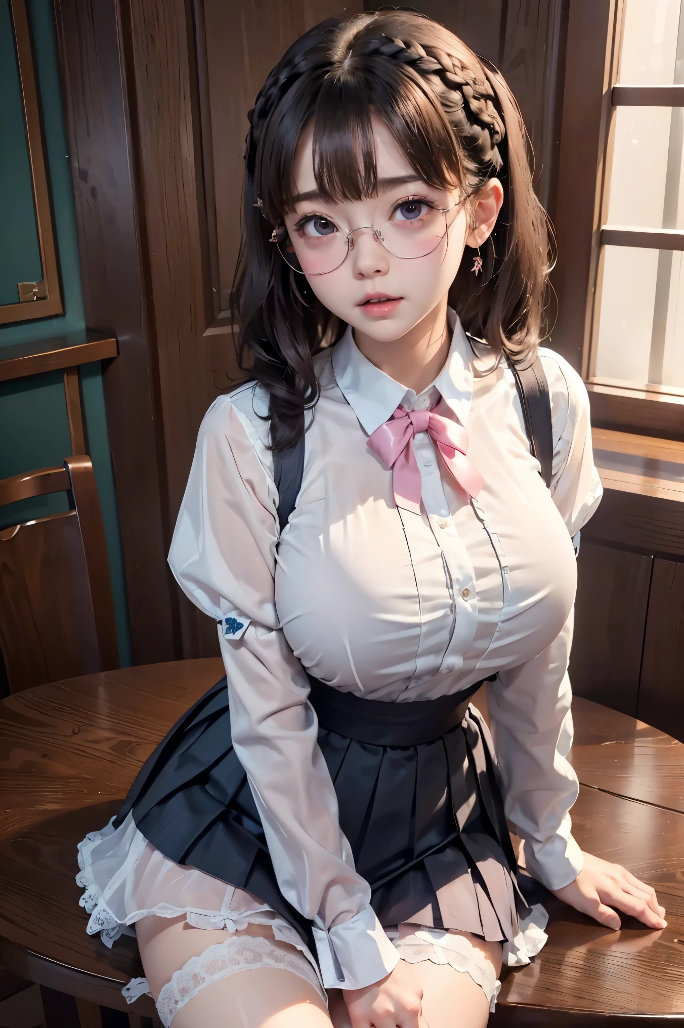 (((masterpiece,Highest Resolution,4K High Resolution,Crisp image quality:)Pussy juice(Inserting an automatic dildo into a beautiful pussy)((Beautiful black hair braids,Glasses,Masturbation)(Beautiful big ,Beautiful nipples,Teaching books,Blushing and embarrassed,Spread your legs wide in an M shape,)(lipstick),Pubic hair(((Hot adult teacher)))Tight Skirt,Fishnet tights,sweater