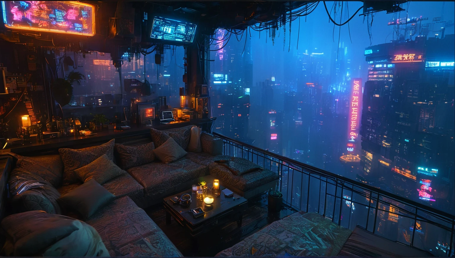 there is a couch and a table in a room with a view of a city, cyberpunk setting, cyberpunk atmosphere, cyberpunk dreamscape, blade runner vibes, the cyberpunk apartment, like a scene from blade runner, dirty cyberpunk city, dystopian city apartment, cyberpunk lights, cyberpunk aesthetics, bladerunner apartment, cyberpunk apartment, neon rainy cyberpunk setting, cyberpunk vibe