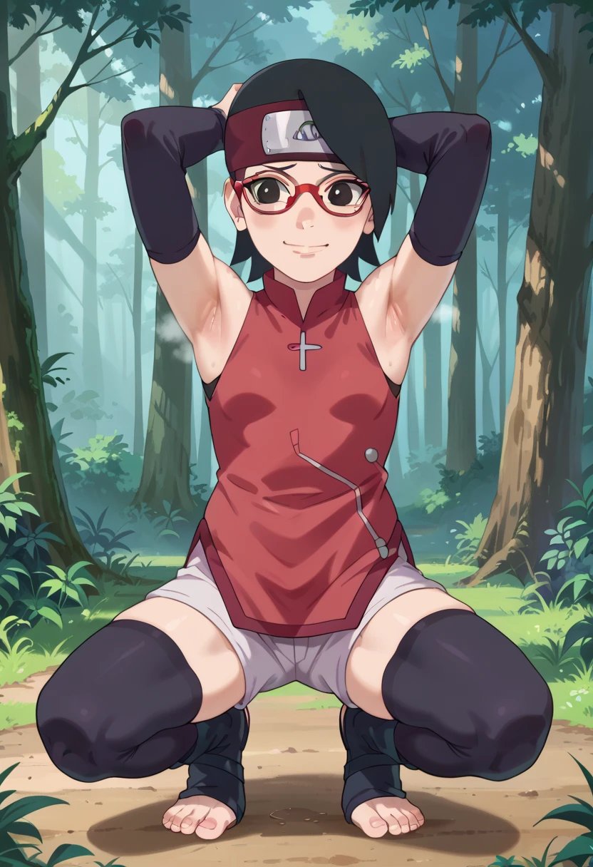  1 girl, nsfw,hughres, , short hair,  red frame glasses  , dark eyes, black hair ,  worried expression ,smile，small breasts, headband, red sleeveless dress, detached sleeves, shorts, thighhighs, toeless shoes ,forest,Armpit,Armpit wrinkles,Armpit smell,Armpit juice, arms up,stretch,pubic hair, underhair,squat down, Embarrassing,streaming Armpit