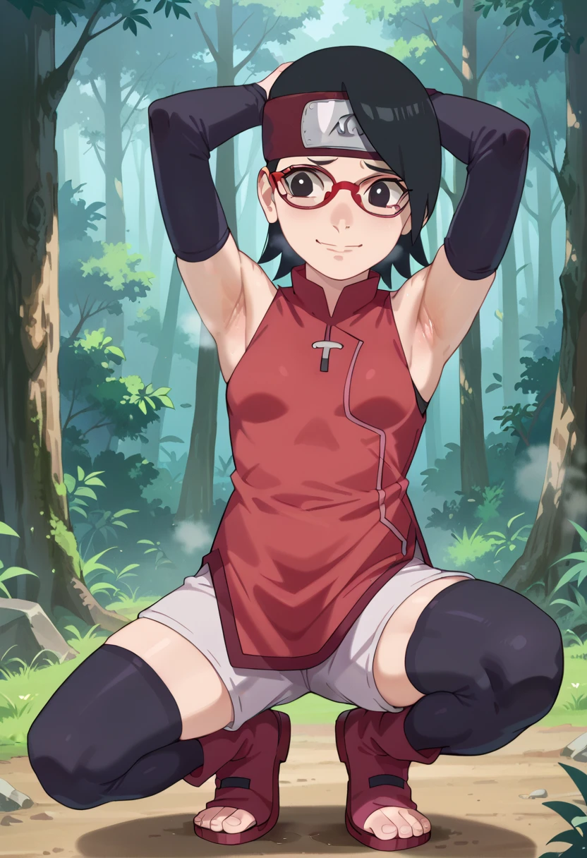  1 girl, nsfw,hughres, , short hair,  red frame glasses  , dark eyes, black hair ,  worried expression ,smile，small breasts, headband, red sleeveless dress, detached sleeves, shorts, thighhighs, toeless shoes ,forest,Armpit,Armpit wrinkles,Armpit smell,Armpit juice, arms up,stretch,pubic hair, underhair,squat down, Embarrassing,streaming Armpit