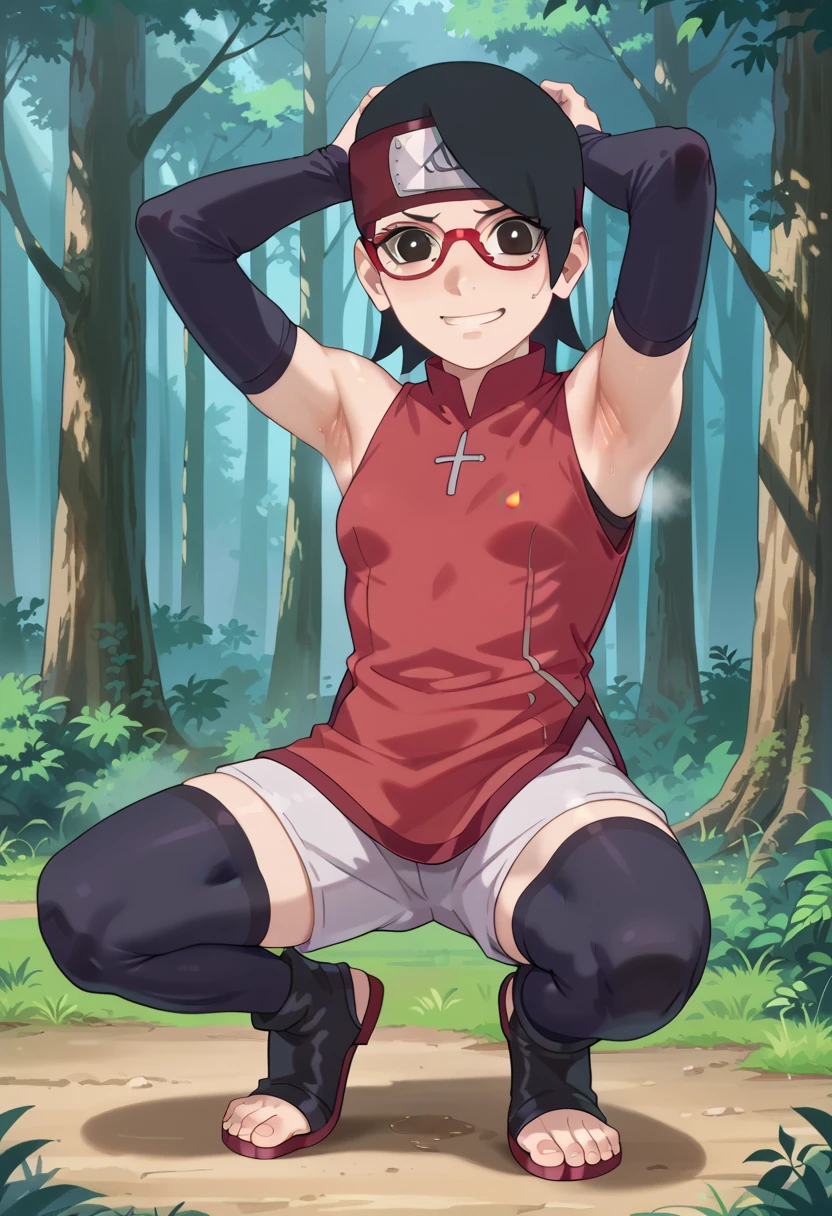  1 girl, nsfw,hughres, , short hair,  red frame glasses  , dark eyes, black hair ,  worried expression ,smile，small breasts, headband, red sleeveless dress, detached sleeves, shorts, thighhighs, toeless shoes ,forest,Armpit,Armpit wrinkles,Armpit smell,Armpit juice, arms up,stretch,pubic hair, underhair,squat down, Embarrassing,streaming Armpit