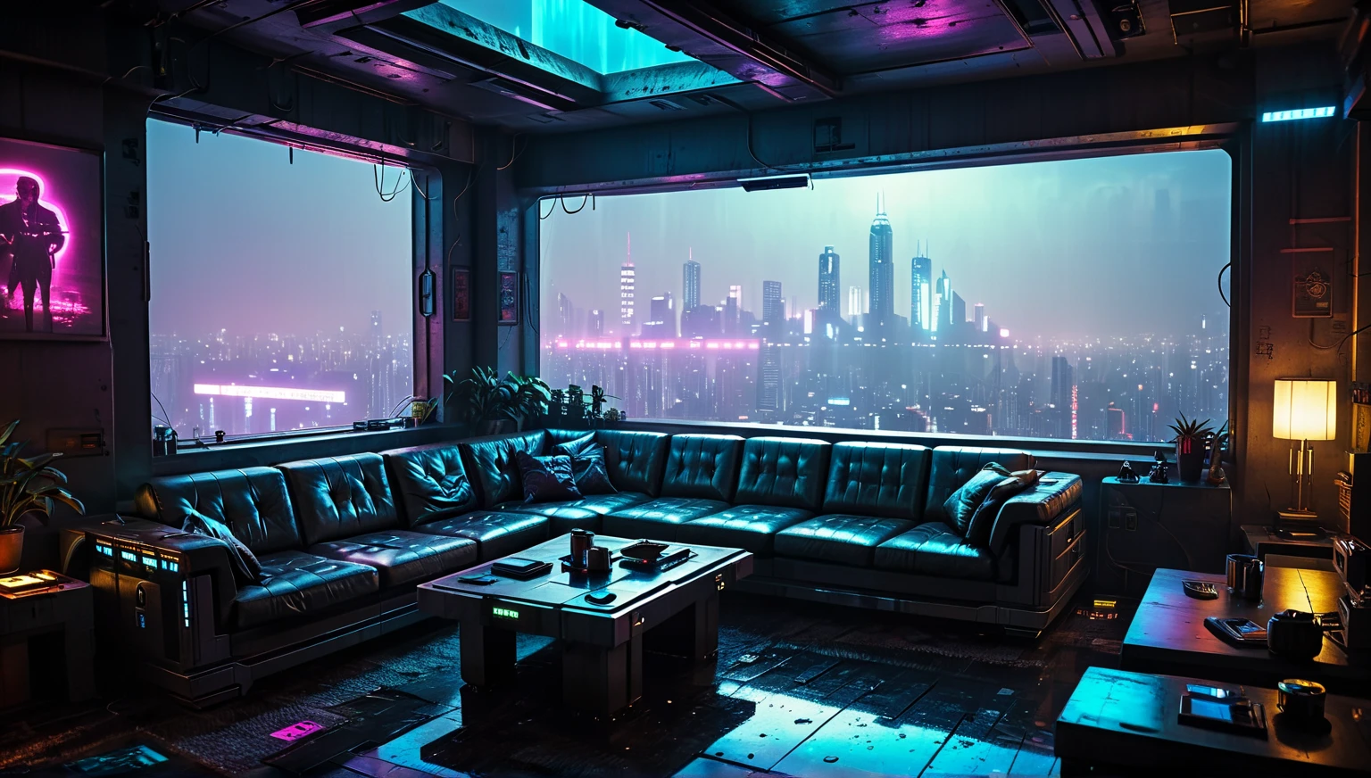 there is a couch and a table in a room with a view of a city, cyberpunk setting, cyberpunk atmosphere, cyberpunk dreamscape, blade runner vibes, the cyberpunk apartment, like a scene from blade runner, dirty cyberpunk city, dystopian city apartment, cyberpunk lights, cyberpunk aesthetics, bladerunner apartment, cyberpunk apartment, neon rainy cyberpunk setting, cyberpunk vibe