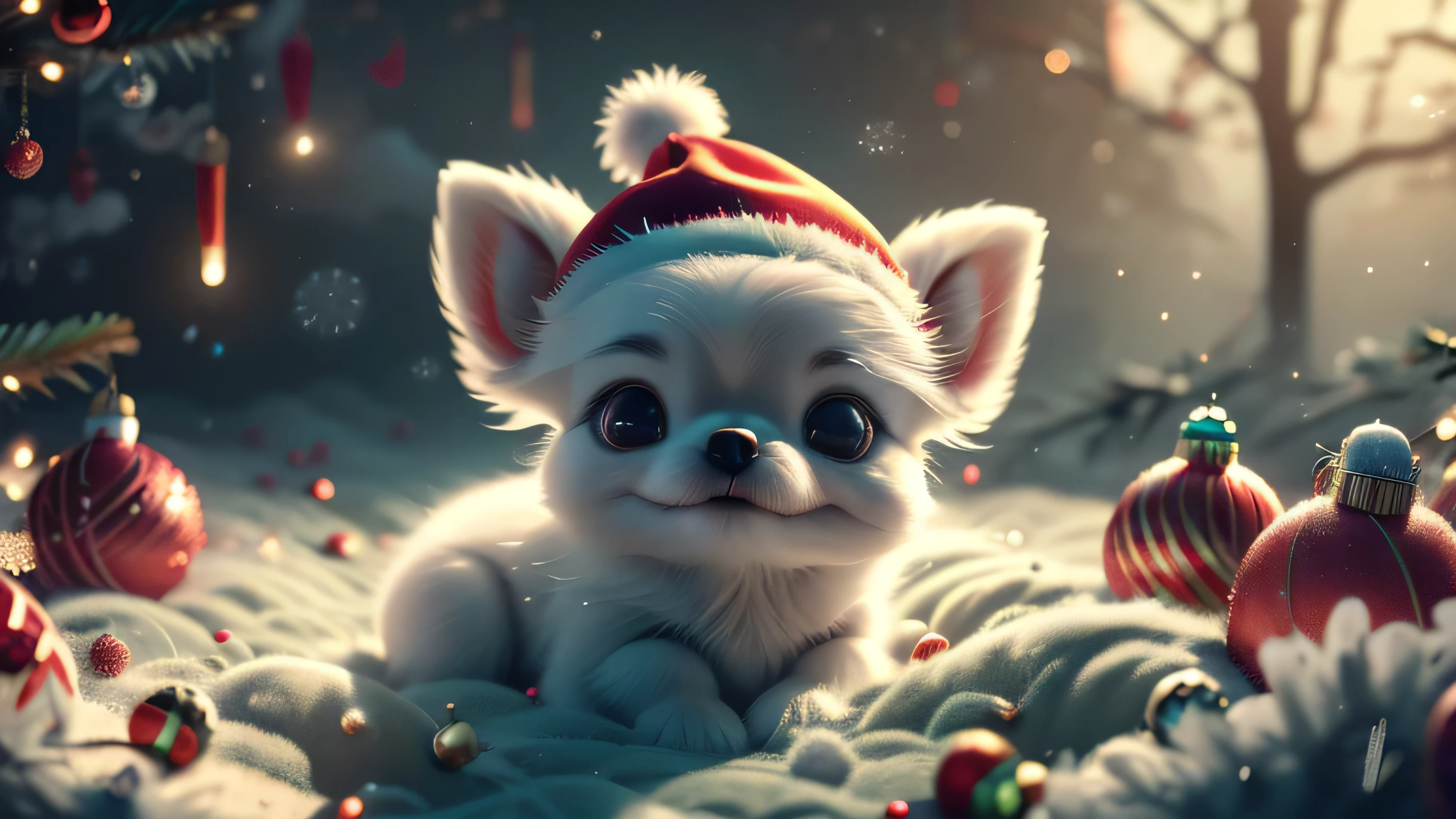 A beautiful, adorable baby Chihuahua wearing a Santa hat made entirely of soft, light pink clouds, rests peacefully in a bed of fluffy clouds. The baby Chihuahua wearing a Santa hat has a gentle, serene expression on his face as he sleeps, with his soft, dream-like appearance. The surrounding clouds are colored in pastel shades of lilac and silver, creating a warm and dreamy atmosphere. The entire scene is bathed in a soft, ethereal light, enhancing the magical and fantastical quality of the image. The baby Chihuahua wearing a Santa hat should appear as a seamless part of the cloudscape, blending perfectly with the surrounding clouds, yet maintaining distinct, realistic features that enhance his cuteness and charm. Hyperrealistic, splatter art, conceptual art, medium ground, intricate detail, color depth, vibrant colors, dramatic, 2/3 field of view, side light, colorful background. Christmas lights in the background and a Christmas tree. Christmas theme, blurred background, fantasy, Gouves style artwork, Realism: 1.37, (super fine fantasy art), Masterpiece, high quality design & accurate physics, (super accurate fantasy style)) art, dark fantasy style)), super accurate design & accurate physics), color, depth of field, shadows, ray tracing, (accurate simulation of the interaction of light and materials)], intricate Christmas decorations, glowing garlands, sparkling decorations, natural light, soft background, photorealistic, sparkling eyes, sharp focus, glowing skin, cute & naughty look, hint of mischief, dreamy atmosphere, super glossy effect, fine details, soft ambient light, (Backlight: 1.3), (Cinematic: 1.2), intricate details, (ArtStation: 1.3)