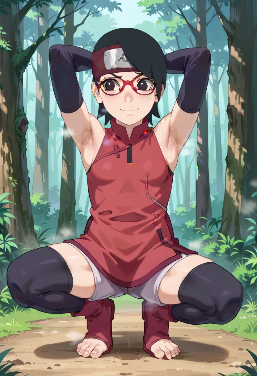  1 girl, nsfw,hughres, , short hair,  red frame glasses  , dark eyes, black hair ,  worried expression ,smile，small breasts, headband, red sleeveless dress, detached sleeves, shorts, thighhighs, toeless shoes ,forest,Armpit,Armpit wrinkles,Armpit smell,Armpit juice, arms up,stretch,pubic hair, underhair,squat down, Embarrassing,streaming Armpit