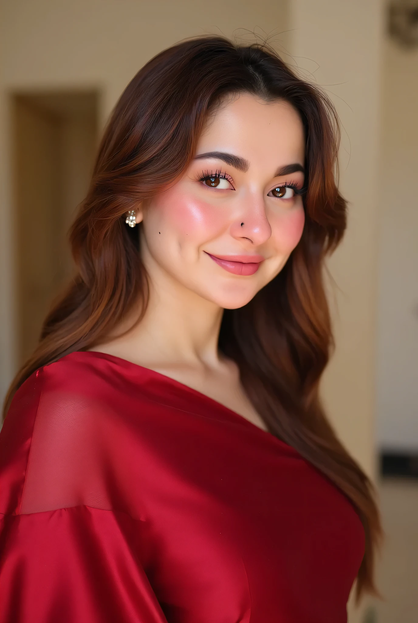 hania amir in satin maroon saree , 20 years old , waist high saree, white navel, mini blouse, cute face , big eyes , big eyeball , pretty face , 
Pretty face , half pose , hot body , big hugs breasts , white skin , red dress , 