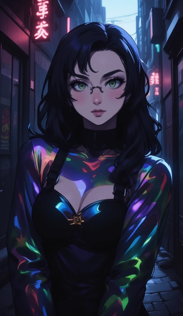 anime art style, 8k, masterpiece, cinematic, (Portrait), petite girl, mature, green eyes, long messy hair, pale skin, lean tall body, (sexy mock-neck top, reflective rainbow shiny color, glasses), dark alleyway, side ways photo, evil smiling, bust photo