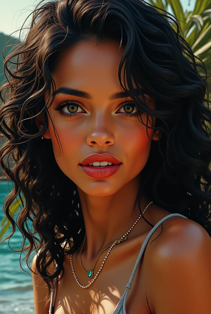 ((Solo Beautiful Carribean woman with dark skin and striking eyes)),  shadowed interior background, art by akihiko yoshida, manga art style, colorfield illustration, scary atmosphere, global illumination, by frank frazetta, art by goro fujita, glamor shot, banner, blur, anime key visual, (blue, yellow and gray colors), photorealistic dramatic anime girl, intricately detailed, chiaroscuro, pino daeni, impressionist (best quality, masterpiece)