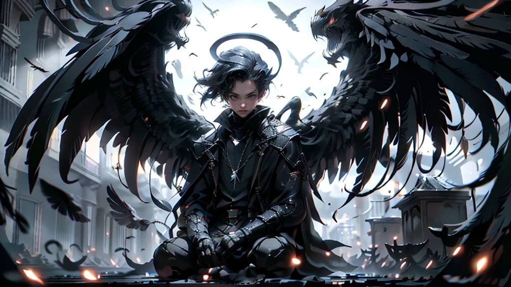 BJ_daemon,Alone,smile, short_hair, shirt,black_hair, gloves,length_sleeve ,1人のmaleの子, behind your butt,closure_mouth, jacket,closure_eye,male_concentrated,Wings,black_ gloves, pants,indoor,black_Footwear,black_ jacket,halo,black_ pants,own_hand_together,feather,Feathered_Wings,facing_viewer,black_Wings,Angel_Wings,Angel, candles,pray,black_feather,
 cinematic lighting,Strong contrast,Advanced Details, top quality,masterpiece,White background,