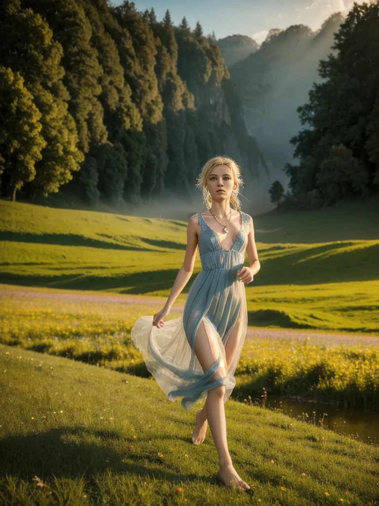 Masterpiece, realistic, hasselblad camera picture, A beautiful woman is dramatically revealled in the early morning fog, she is in a mystical meadow with a river near by, she looks distraught, she may be a target for a creature, she wears a simple 17th century dress, blonde woman with blue eyes, high resolution, dramatic light, crepuscular rays, upper body, volumetric fog, run towards camera, character building shot, ethereal quality, movement, wears necklace with red gemstone, running toward viewer, action pose, small natural breasts, flat colors, desaturated image, early dawn, motion blur background, bhands-neg, perfect 5 finger hands, 