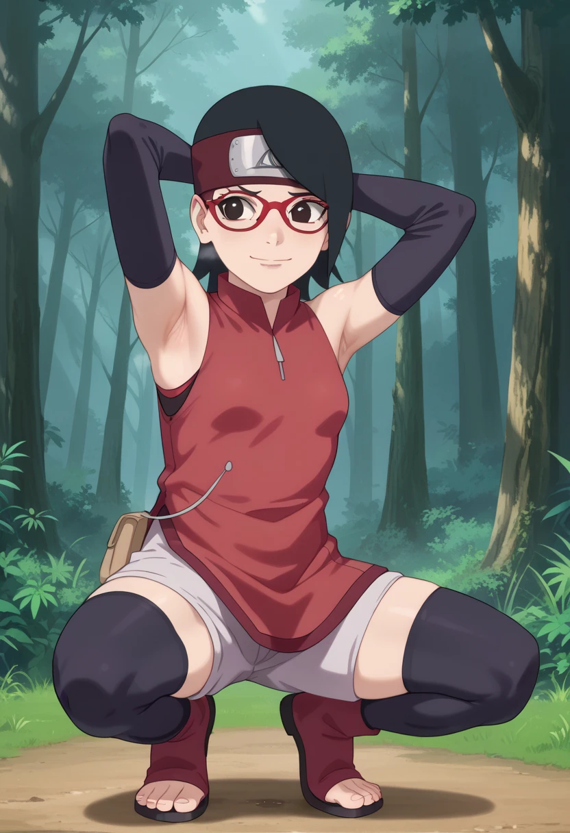  1 girl, nsfw,hughres, , short hair,  red frame glasses  , dark eyes, black hair ,  worried expression ,smile，small breasts, headband, red sleeveless dress, detached sleeves, shorts, thighhighs, toeless shoes ,forest,Armpit,Armpit wrinkles,Armpit smell,Armpit juice, arms up,stretch,pubic hair, underhair,squat down, Embarrassing,streaming Armpit