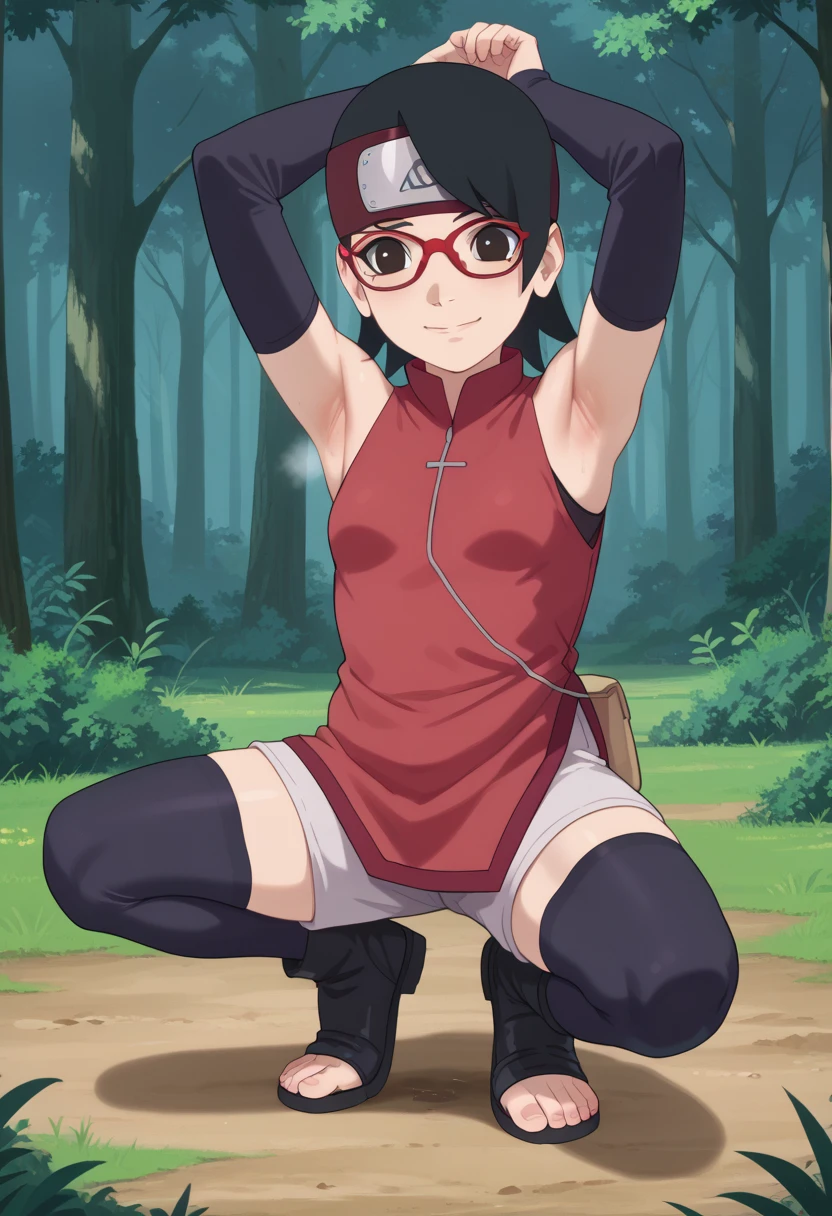  1 girl, nsfw,hughres, , short hair,  red frame glasses  , dark eyes, black hair ,  worried expression ,smile，small breasts, headband, red sleeveless dress, detached sleeves, shorts, thighhighs, toeless shoes ,forest,Armpit,Armpit wrinkles,Armpit smell,Armpit juice, arms up,stretch,pubic hair, underhair,squat down, Embarrassing,streaming Armpit